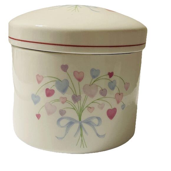 Vintage FTDA Vanity Jar Bouquet Of Hearts Porcelain Trinket Canister With Lid - Picture 4 of 10